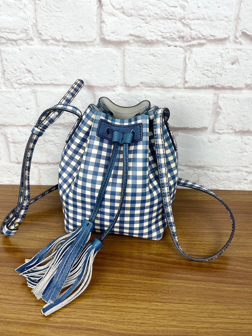 J. Crew Blue Gingham Leather Crossbody Mini Bucket Bag